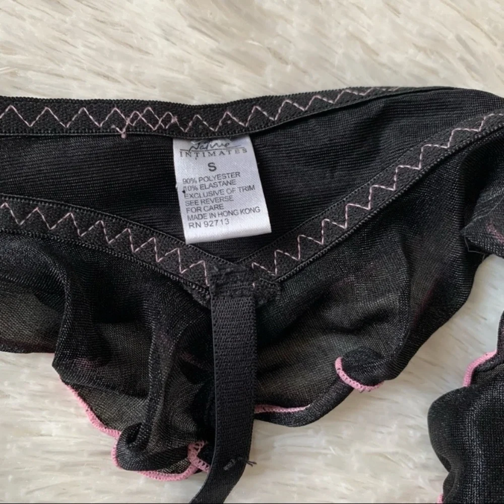 Vintage Y2K Black Satin Corset Style Slip w Pink Trim Set